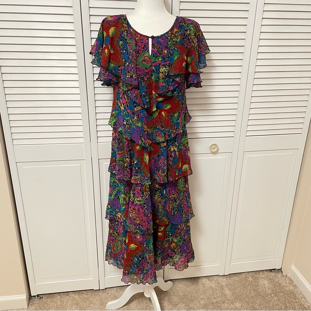 Vintage Ann Hobbs for Cattiva Tiered Dress Colorful Flutter Sleeves Retro Fairy